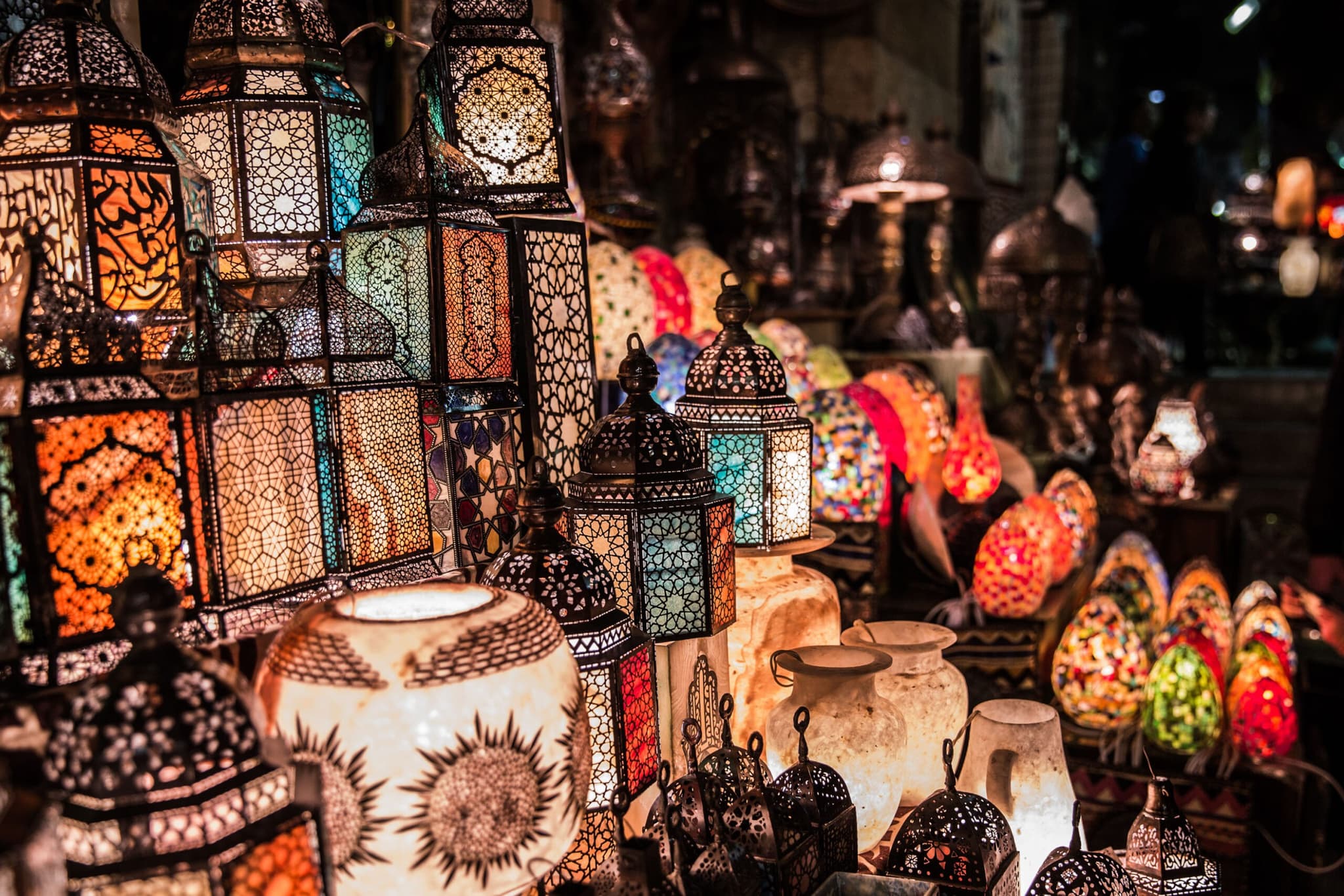 Colourful traditional lanterns glowing in a Cairo bazaar