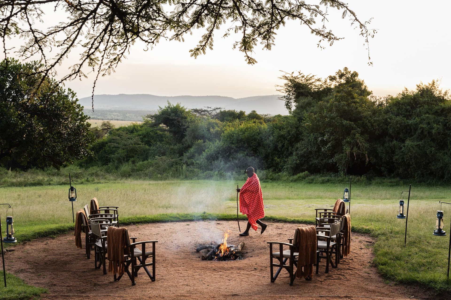 Maasai warrior at the campfire circle at Cottars 1920s Camp
