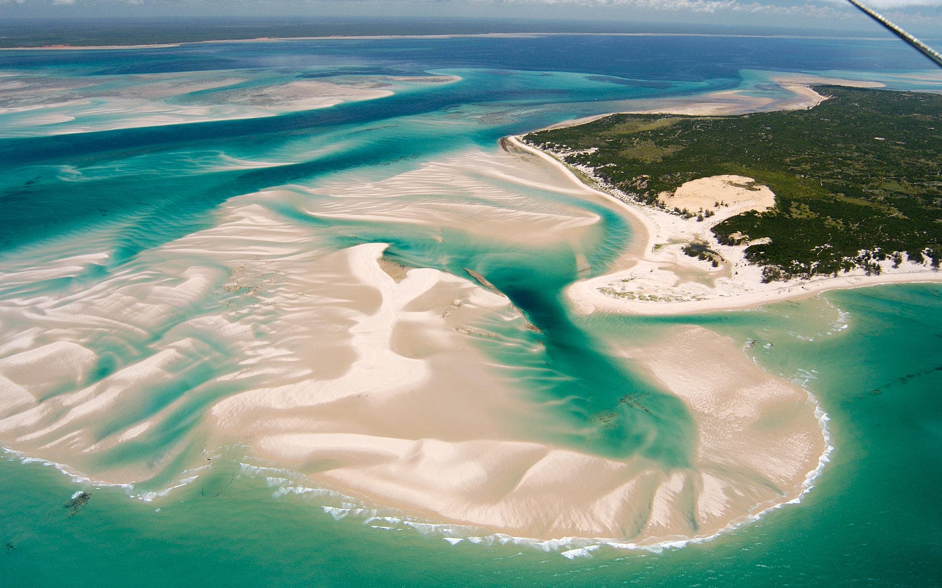 Aerial view of Benguerra Island turquoise sandbanks