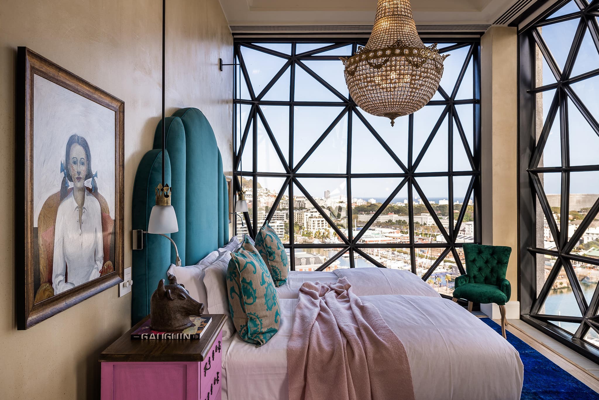 The Silo Hotel Royal Suite with geometric windows overlooking Cape Town's V&A Waterfront