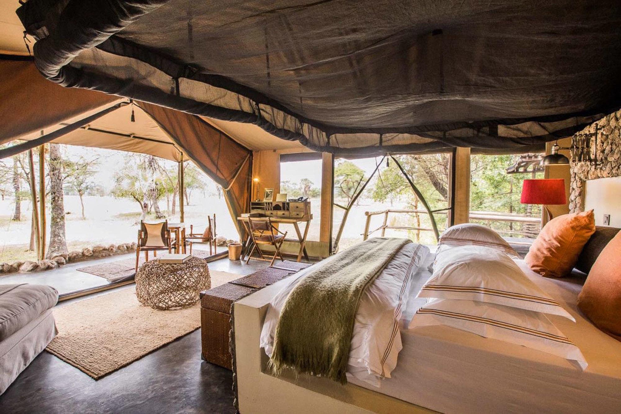 Luxury open-sided tented suite at Chem Chem Lodge, Tanzania