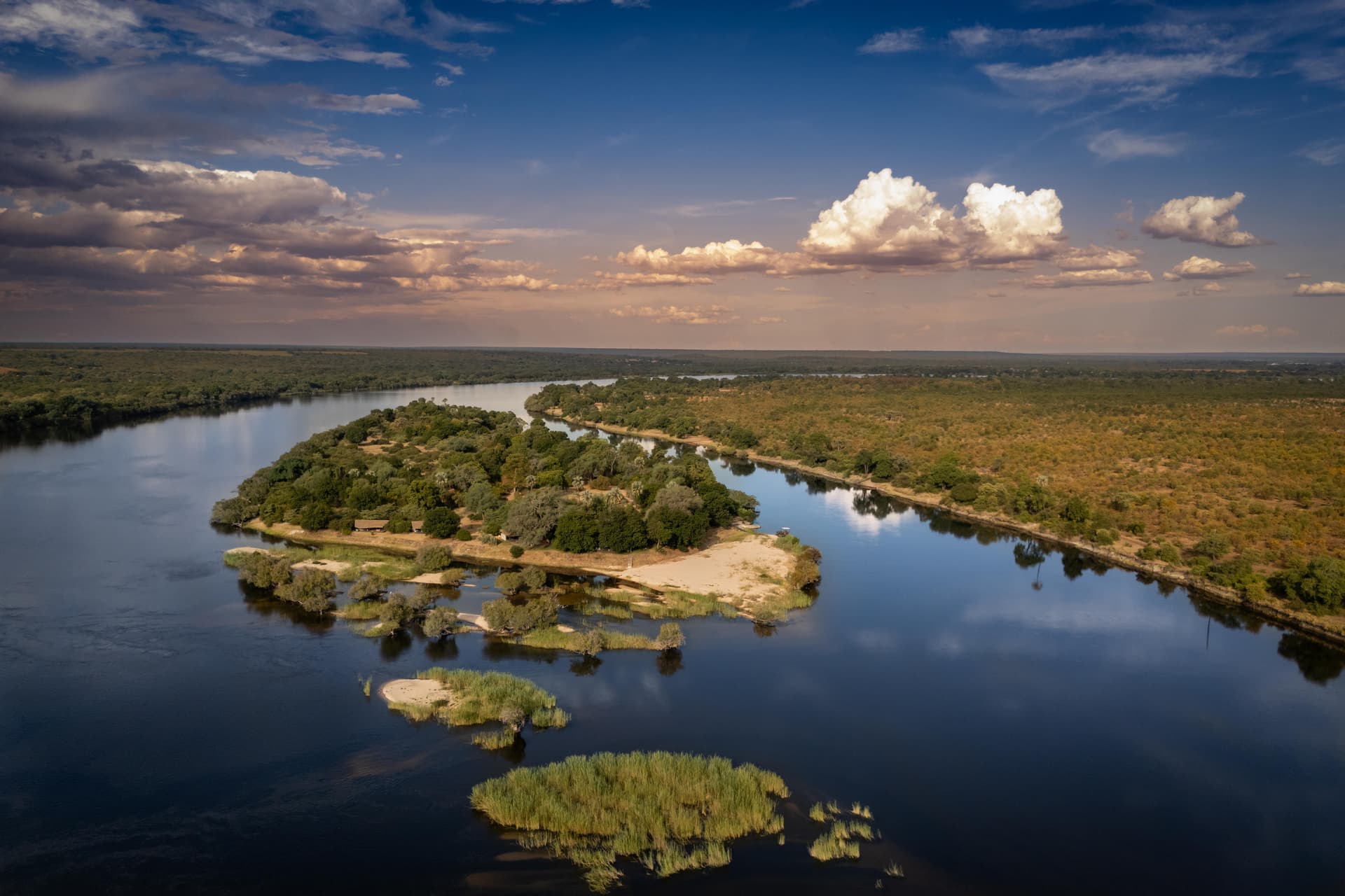 Aerial view of Chundu Island on the Zambezi River